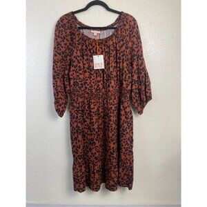 NEW Knox Rose Midi Dress Women size Large MultiColor Leopard Animal Peasant Boho